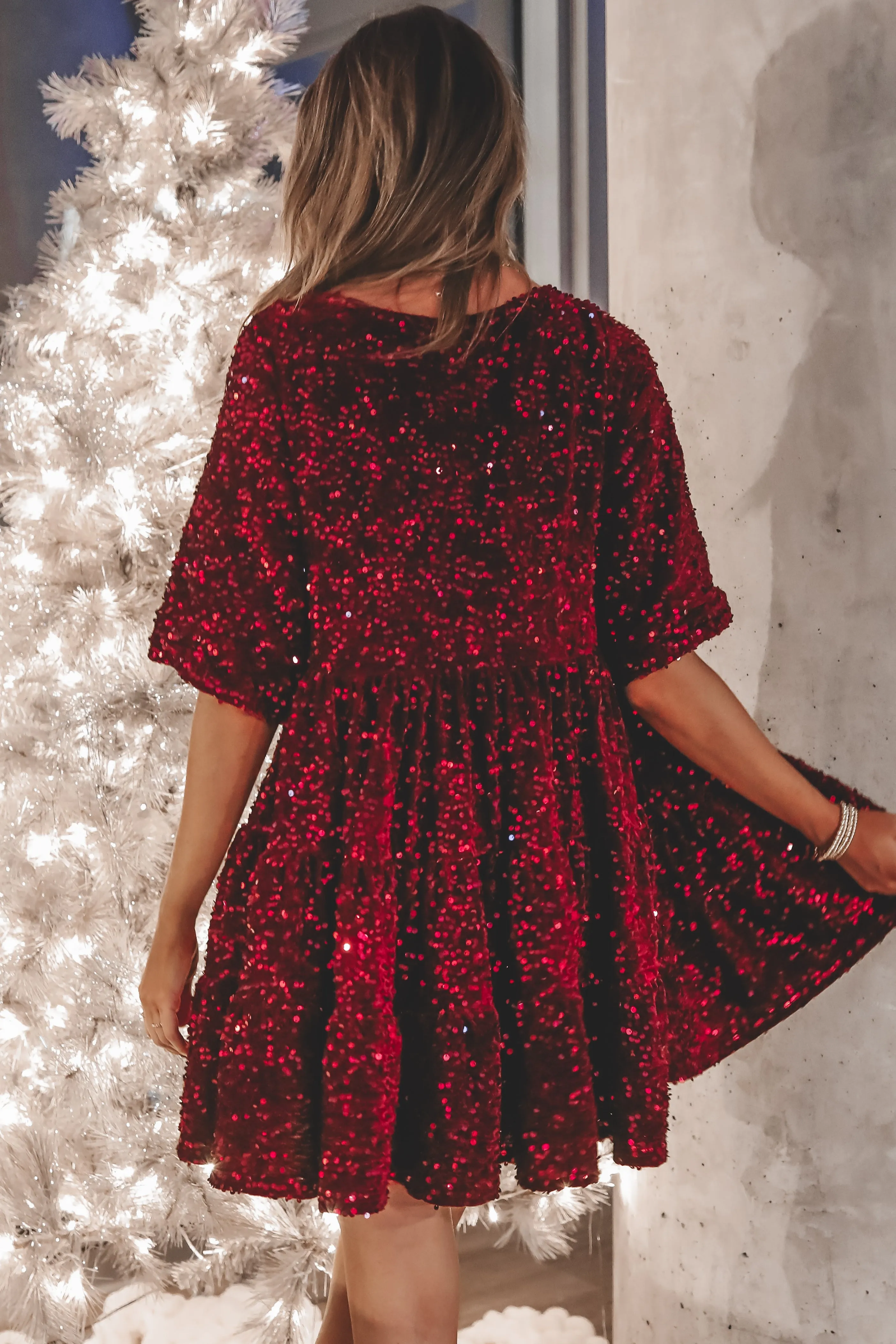 A Velvet Queen Sequin Burgundy Babydoll Dress