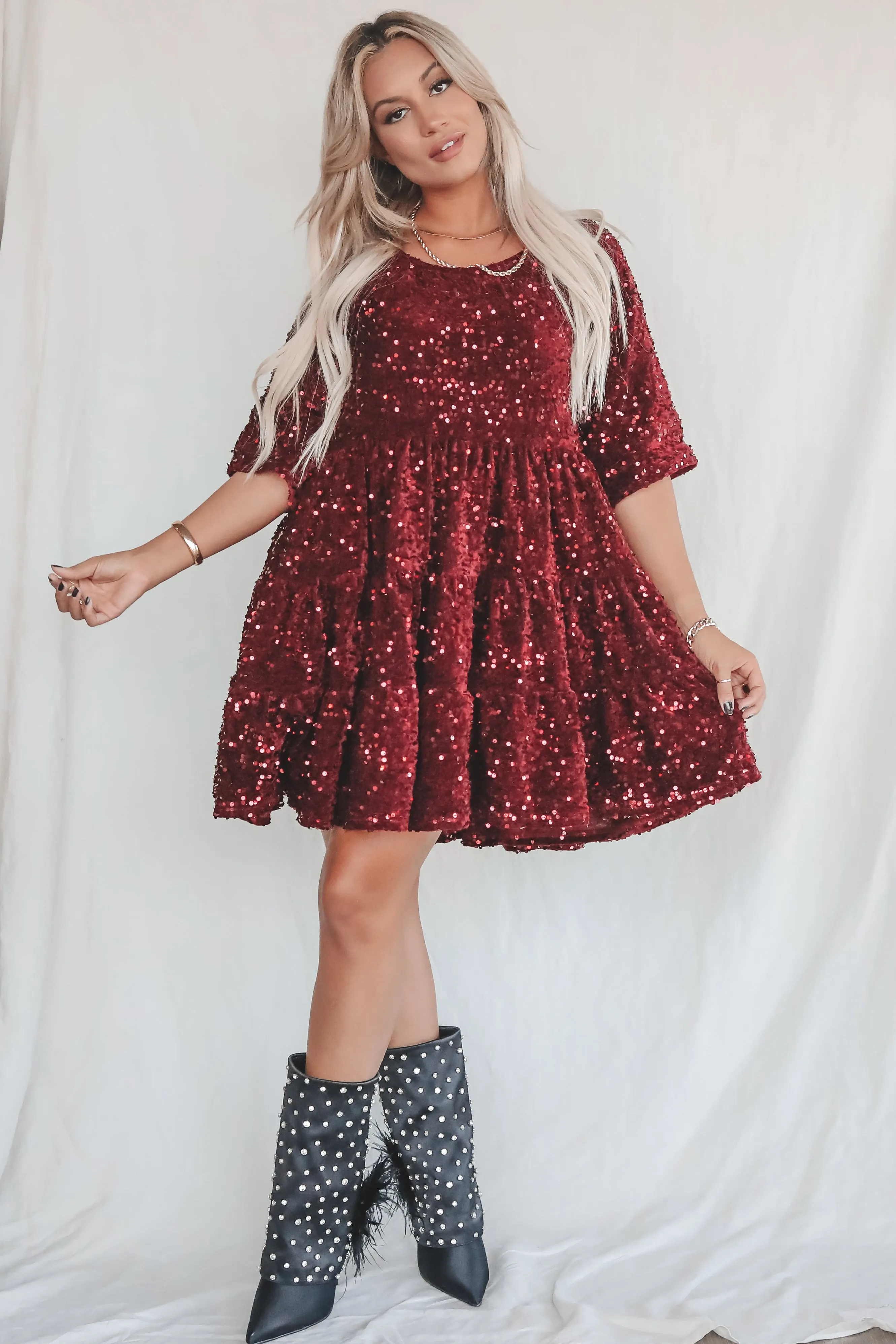 A Velvet Queen Sequin Burgundy Babydoll Dress