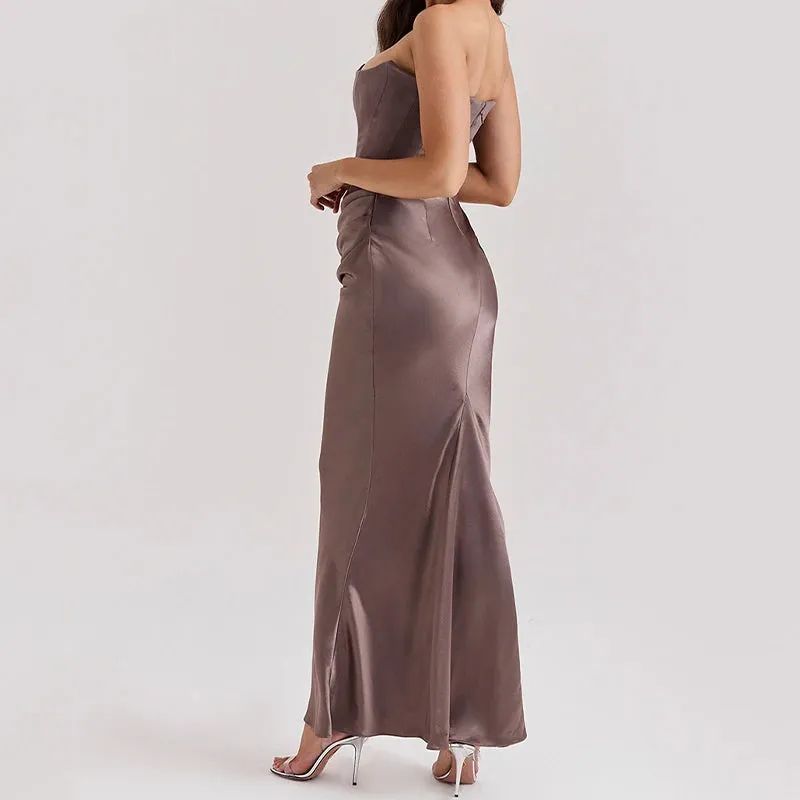 A&A Luxe Satin Gray Draped Maxi Dress