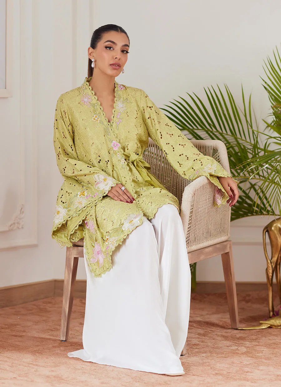 Abigail Kiwi Embroidered Raw Silk Schiffli Kimono Wrap