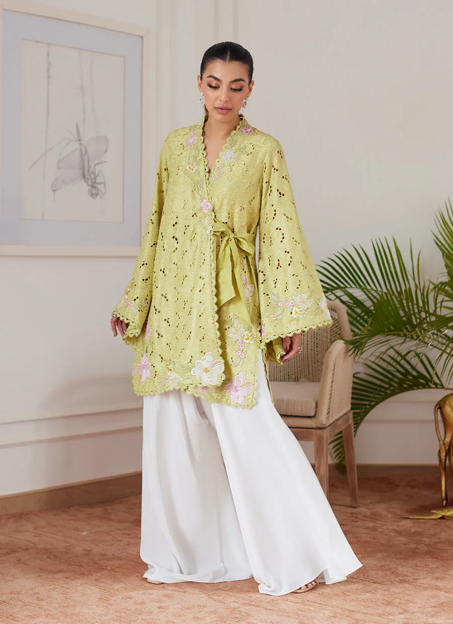 Abigail Kiwi Embroidered Raw Silk Schiffli Kimono Wrap