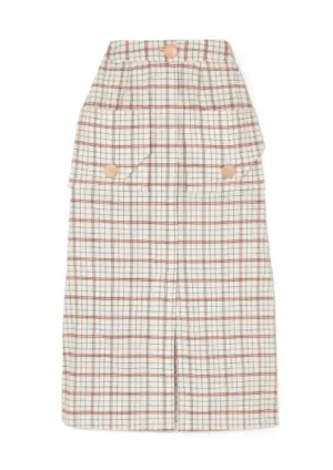 BEIGE CHECKED MIDI SKIRT