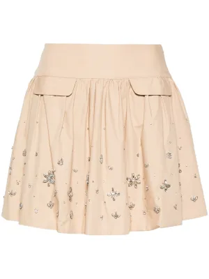 Beige Cotton Embellished Mini Skirt