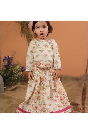 Beige Floral Printed With Gota Detailing Top and Skirt Set