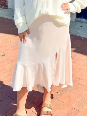 Beige Satin Split Ruffle Skirt