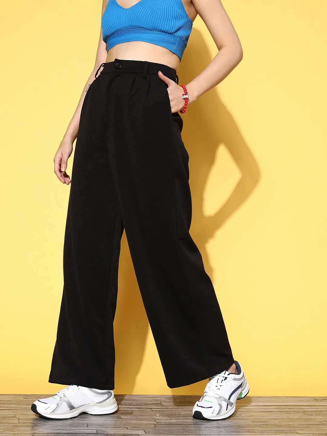 Berrylush Women Solid Black High-Rise Waist Polyester Button-Up Straight Leg Trousers