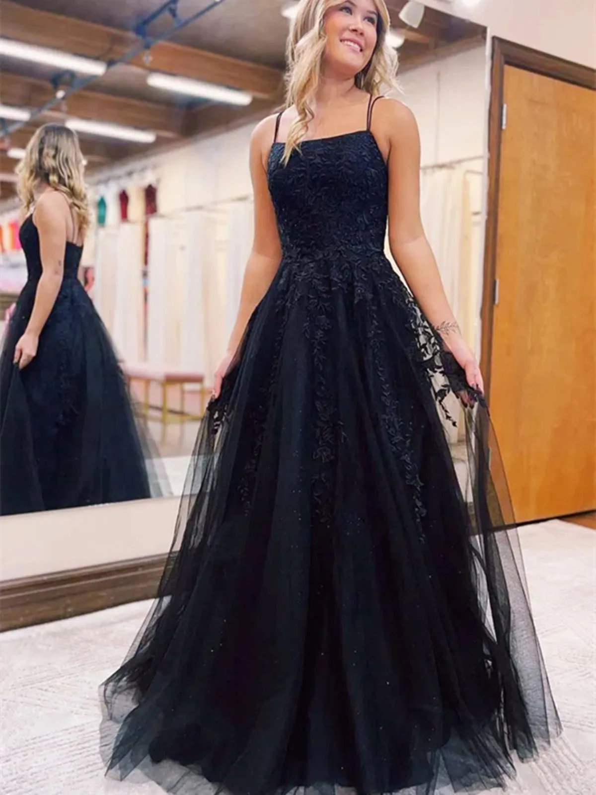 Black A-line Tulle with Lace Applique Prom Dress, Black Tulle Party Dress