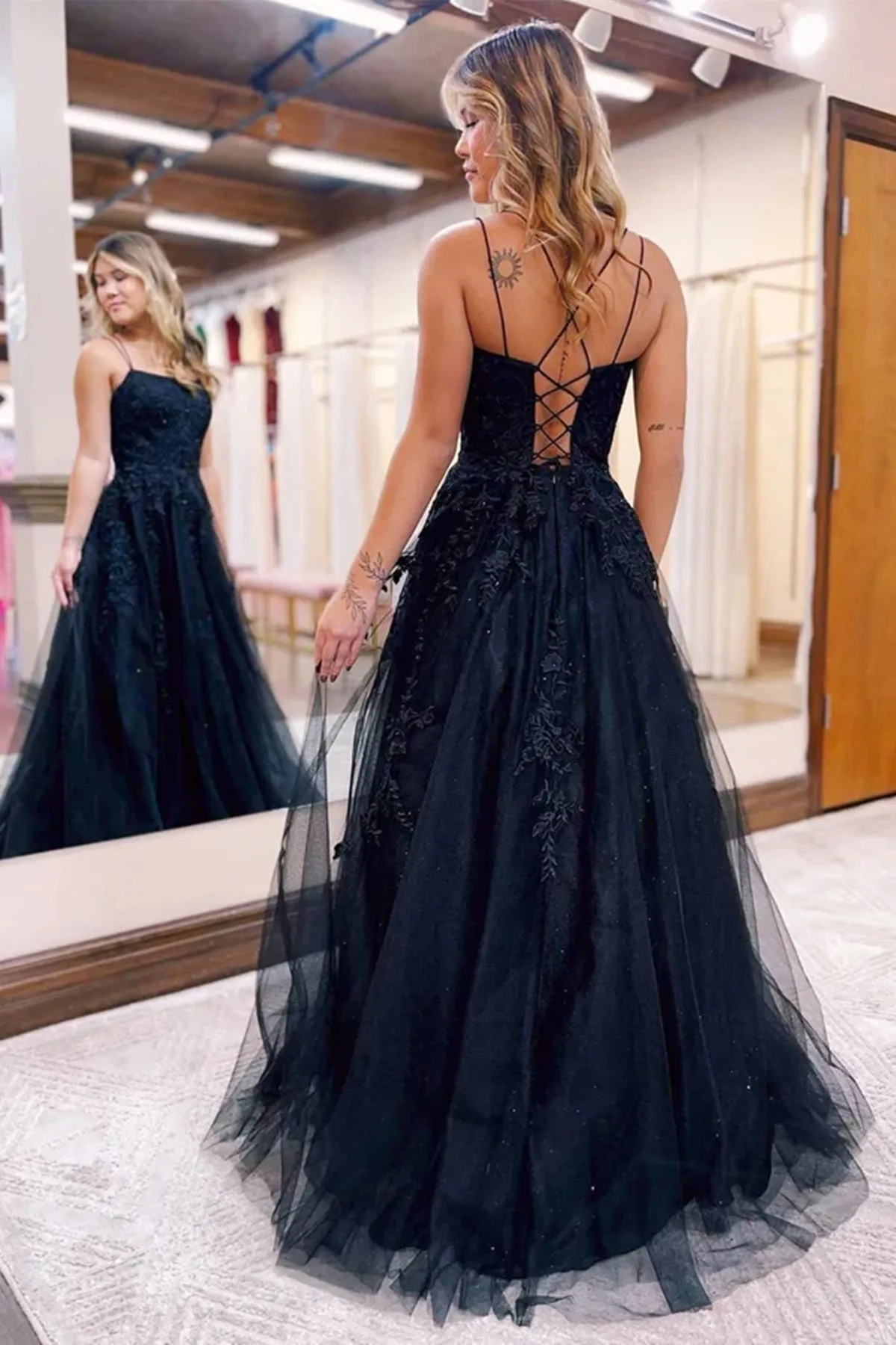 Black A-line Tulle with Lace Applique Prom Dress, Black Tulle Party Dress