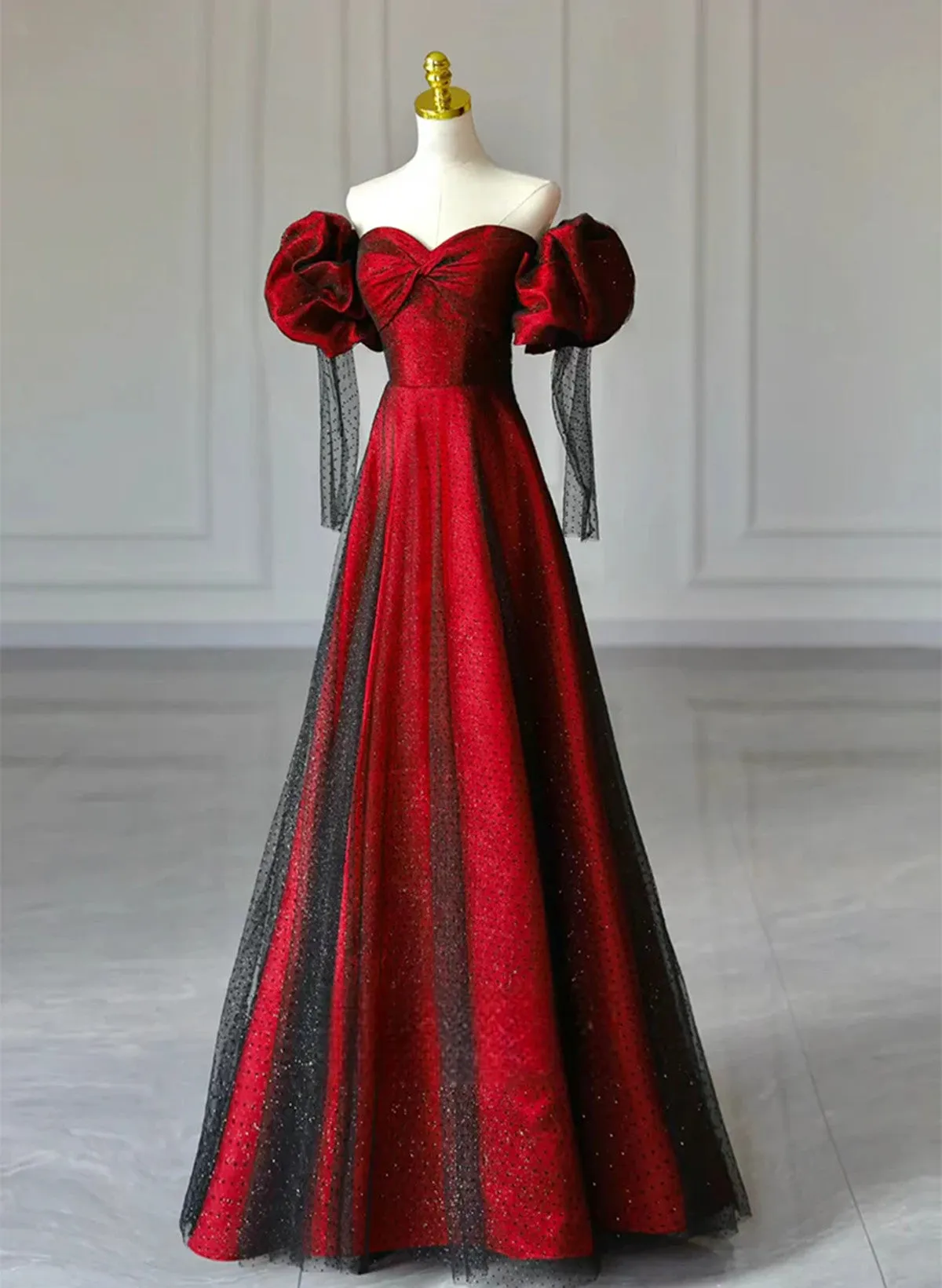 Black and Red Off Shoulder Sweetheart Party Dress, A-line Long Evening Dress