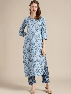 Blue Floral Printed Kurta with Trousers