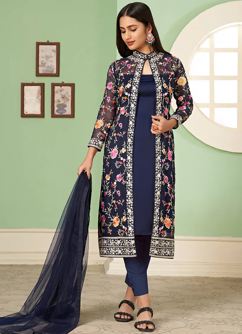 Blue Multi Floral Embroidery Jacket Style Pant Suit