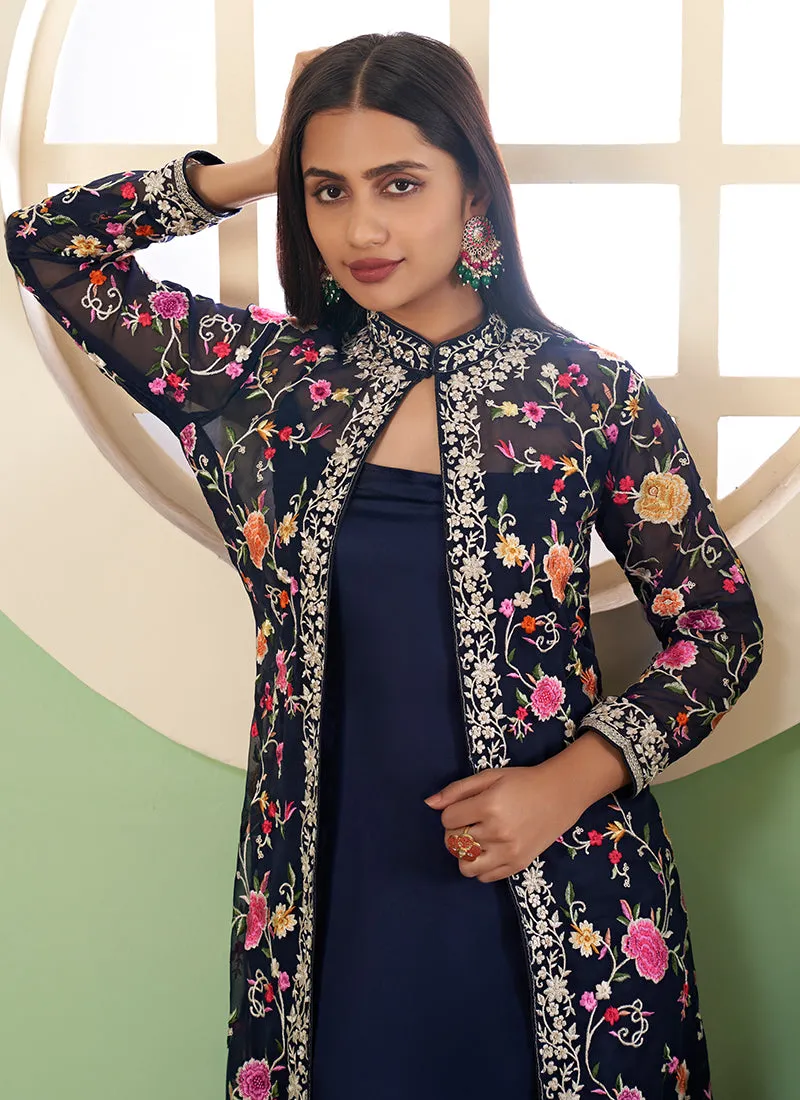 Blue Multi Floral Embroidery Jacket Style Pant Suit