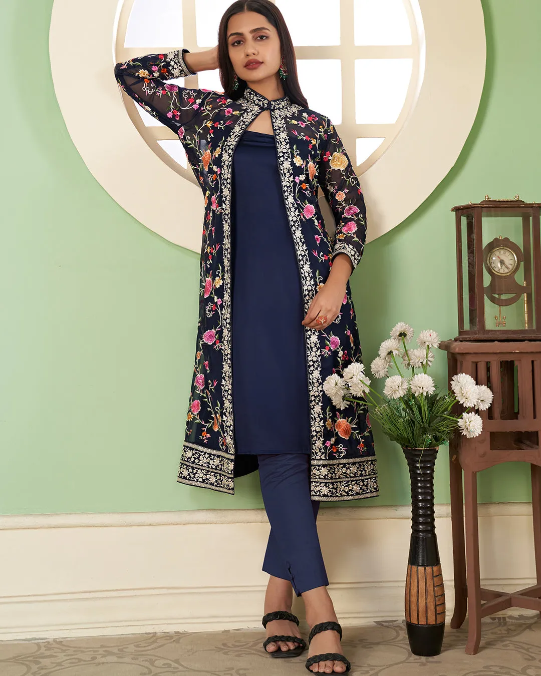 Blue Multi Floral Embroidery Jacket Style Pant Suit