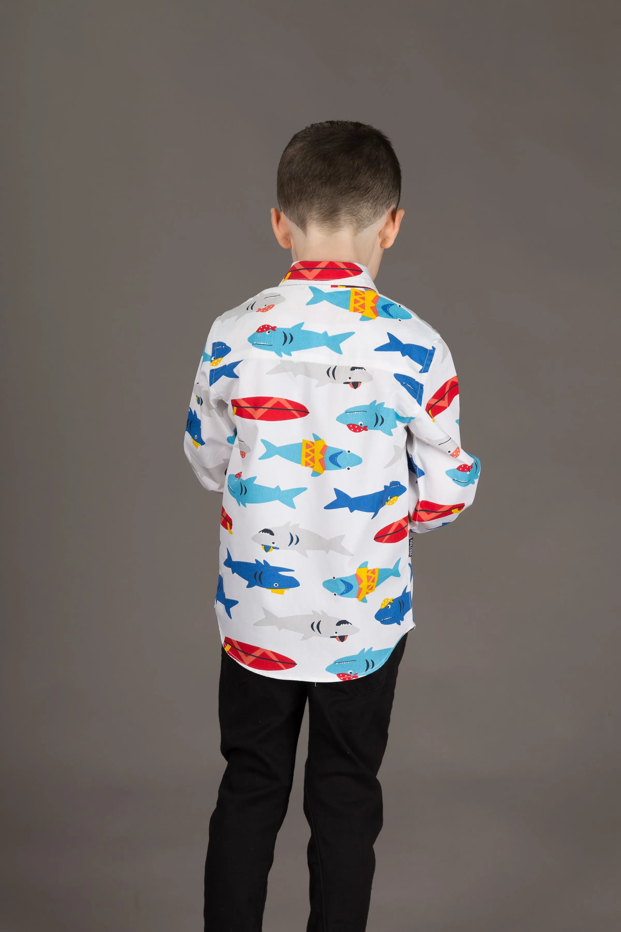 Boys Cotton Shark White Print Long Sleeve Shirt