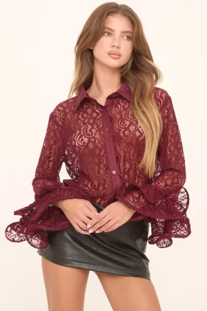 Burgundy Lace Frill Long Sleeves Button Up Shirt - Athena