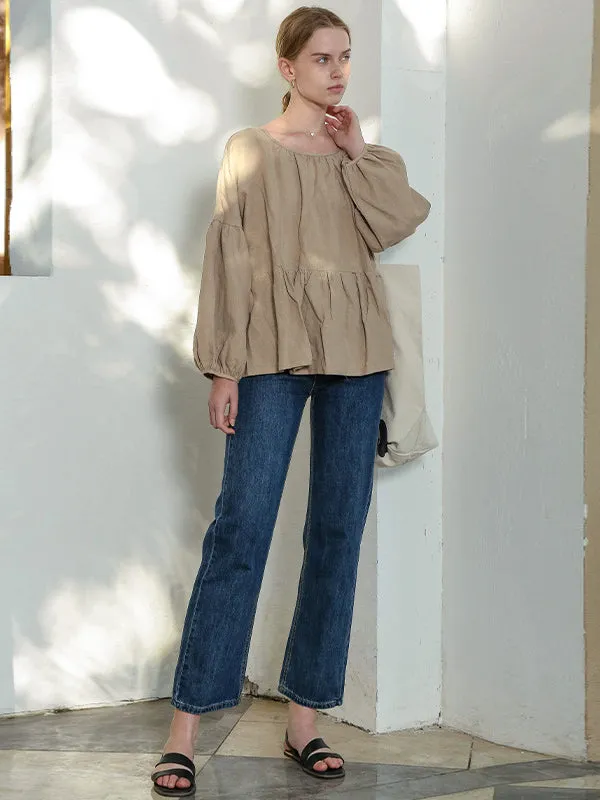 Casual Loose Linen Solid Color Pleated Puff Sleeves T-Shirt Top