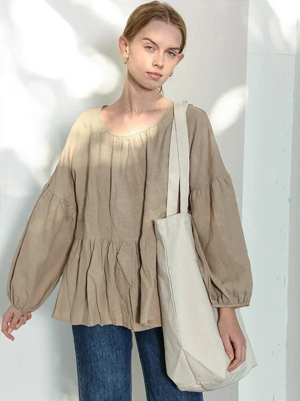 Casual Loose Linen Solid Color Pleated Puff Sleeves T-Shirt Top