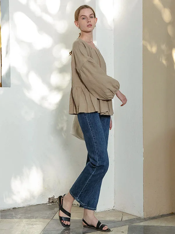 Casual Loose Linen Solid Color Pleated Puff Sleeves T-Shirt Top