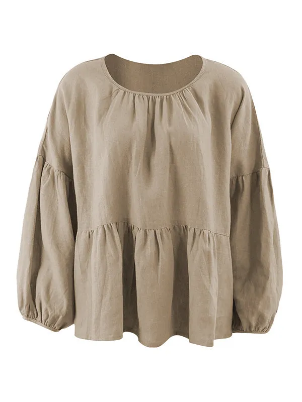 Casual Loose Linen Solid Color Pleated Puff Sleeves T-Shirt Top