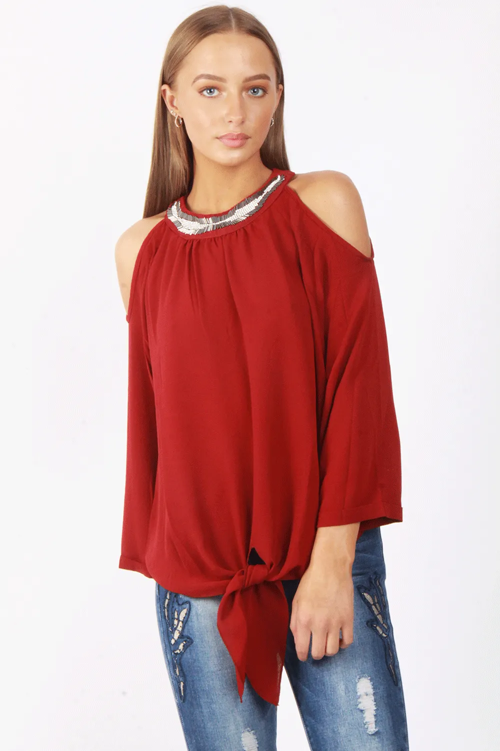 Embellished Jewel Neck Cold Shoulder Tie Front Blouse Top