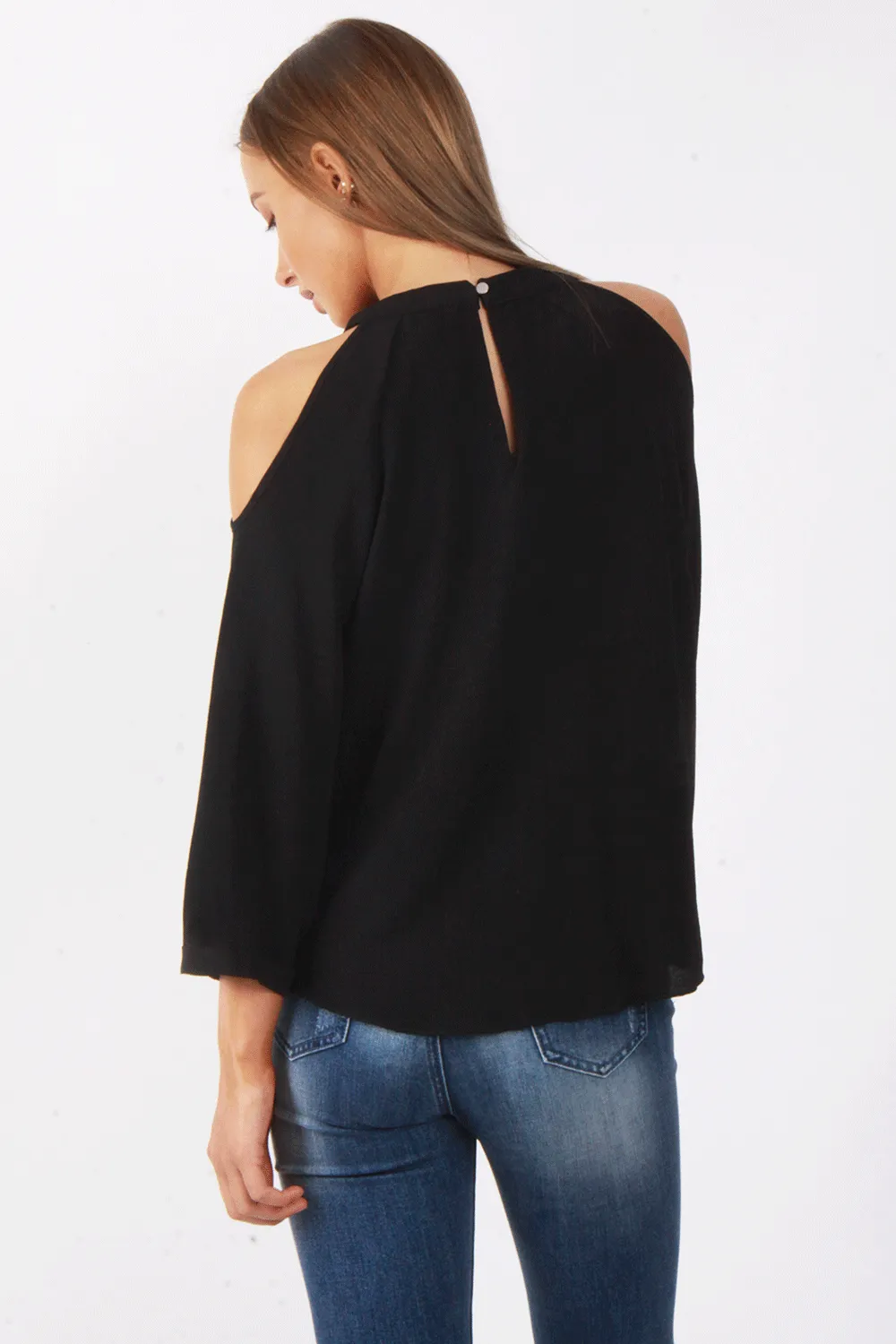 Embellished Jewel Neck Cold Shoulder Tie Front Blouse Top