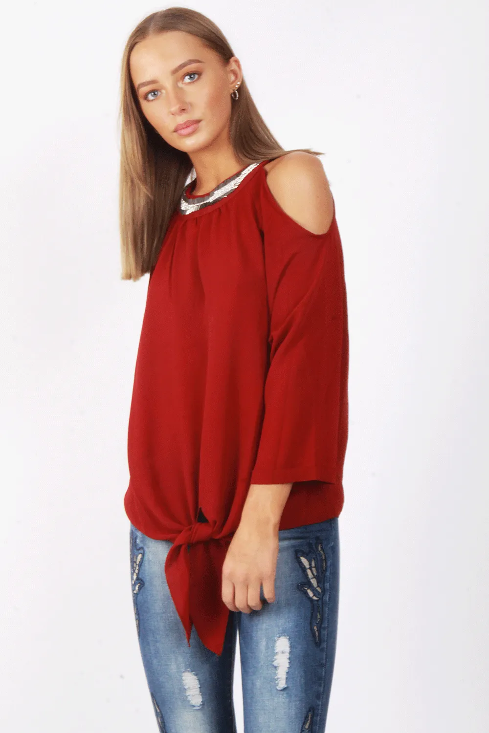 Embellished Jewel Neck Cold Shoulder Tie Front Blouse Top