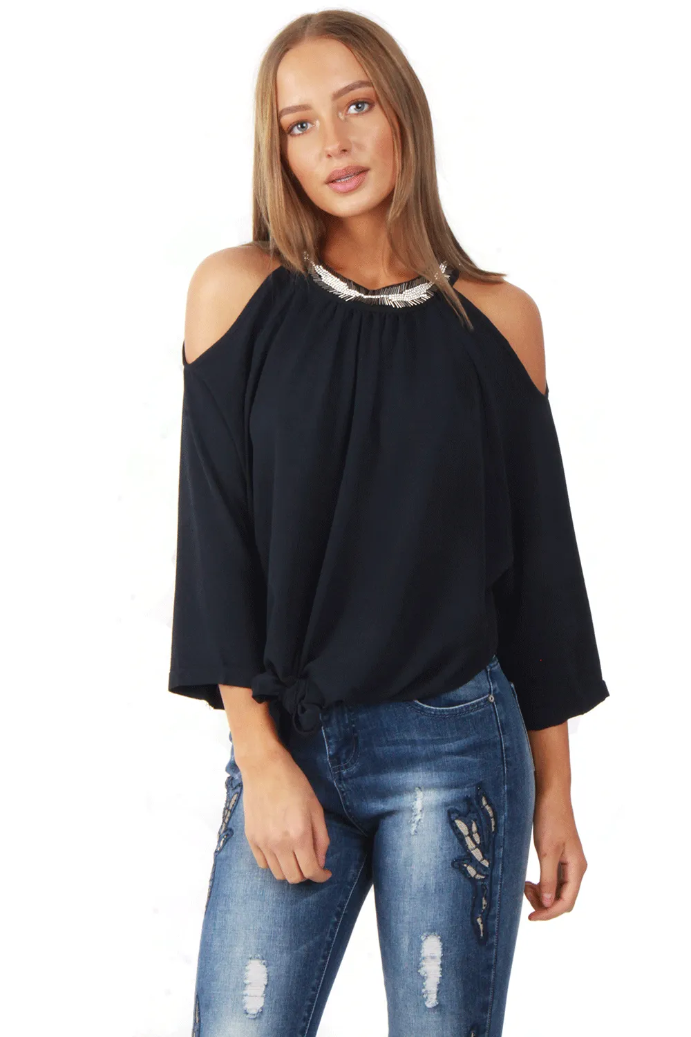 Embellished Jewel Neck Cold Shoulder Tie Front Blouse Top