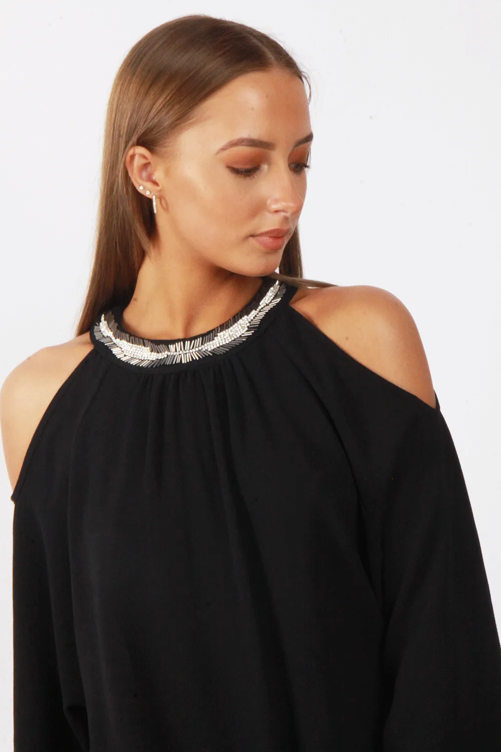 Embellished Jewel Neck Cold Shoulder Tie Front Blouse Top