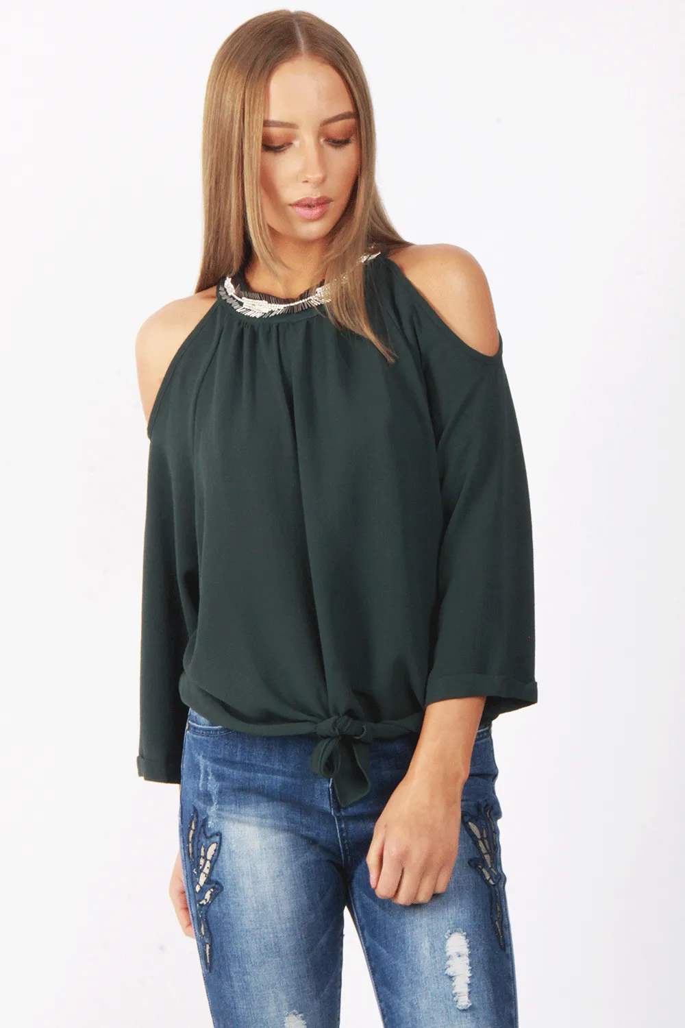 Embellished Jewel Neck Cold Shoulder Tie Front Blouse Top