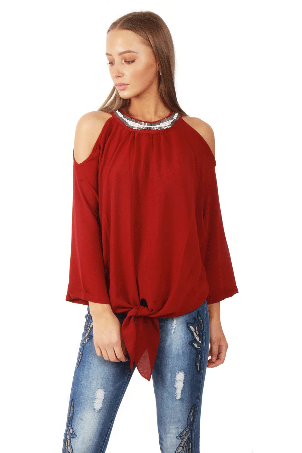 Embellished Jewel Neck Cold Shoulder Tie Front Blouse Top