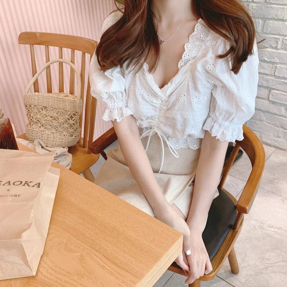 Embroidery Summer White Short sleeve Linen Cotton Mini Blouse Skirt