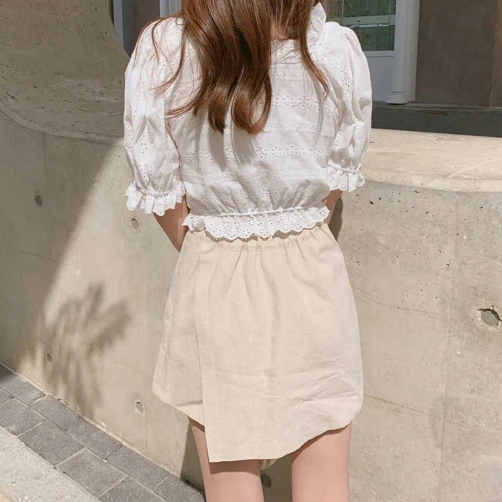 Embroidery Summer White Short sleeve Linen Cotton Mini Blouse Skirt