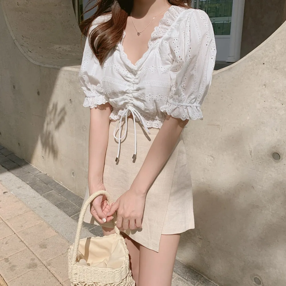 Embroidery Summer White Short sleeve Linen Cotton Mini Blouse Skirt