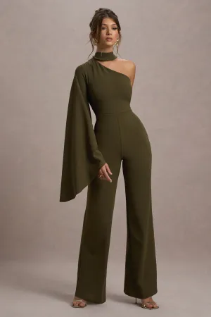 Fenix | Khaki Asymmetric Cape-Sleeve Straight-Leg Jumpsuit