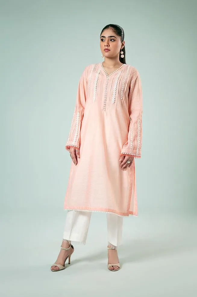 FOZIA KHALID  - Peachy Lace Tunic - Peachy Pink - Paper Silk - 1 Piece