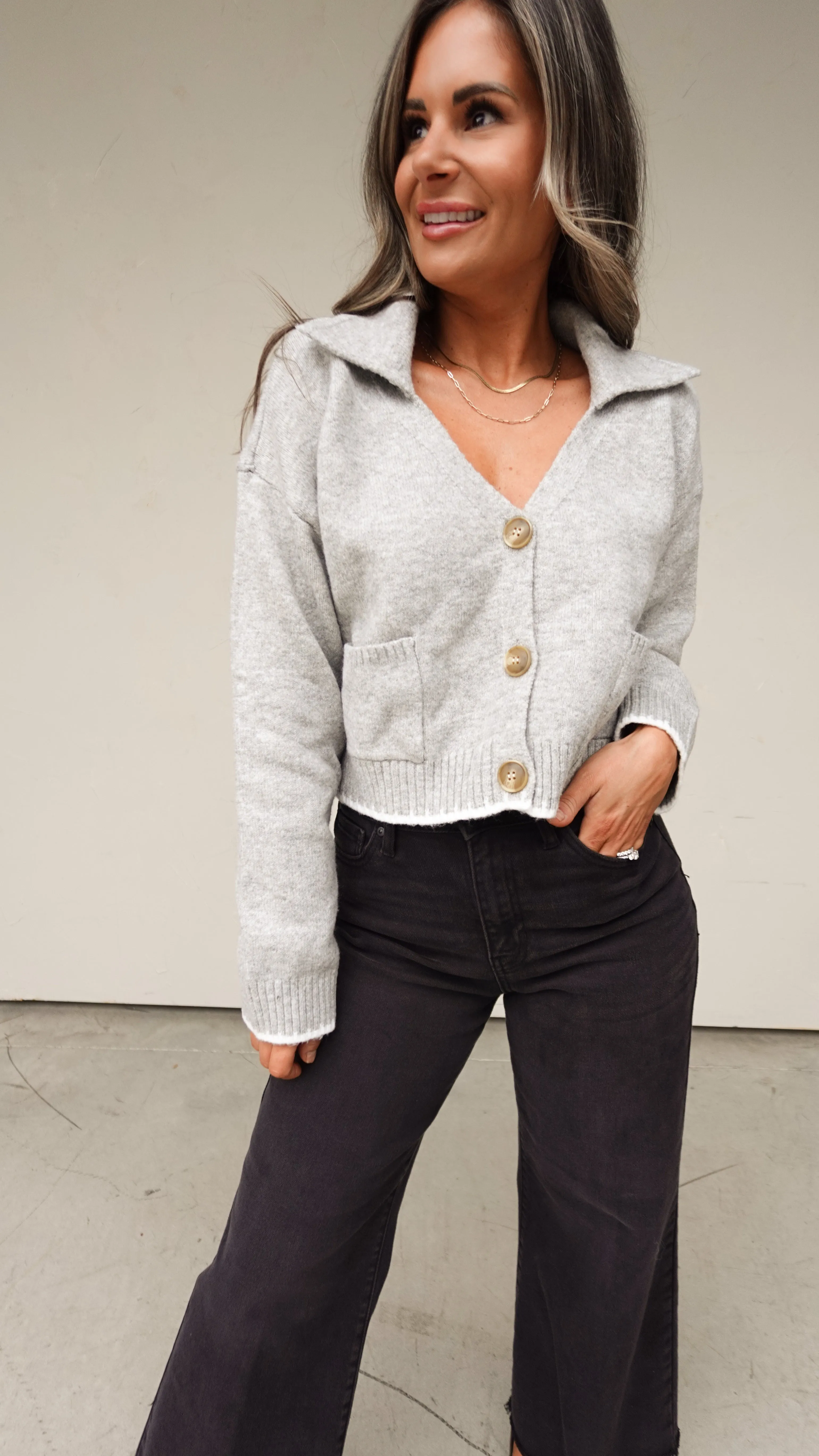 Gray and V-Neck Cardigan with Contrast White Stitching