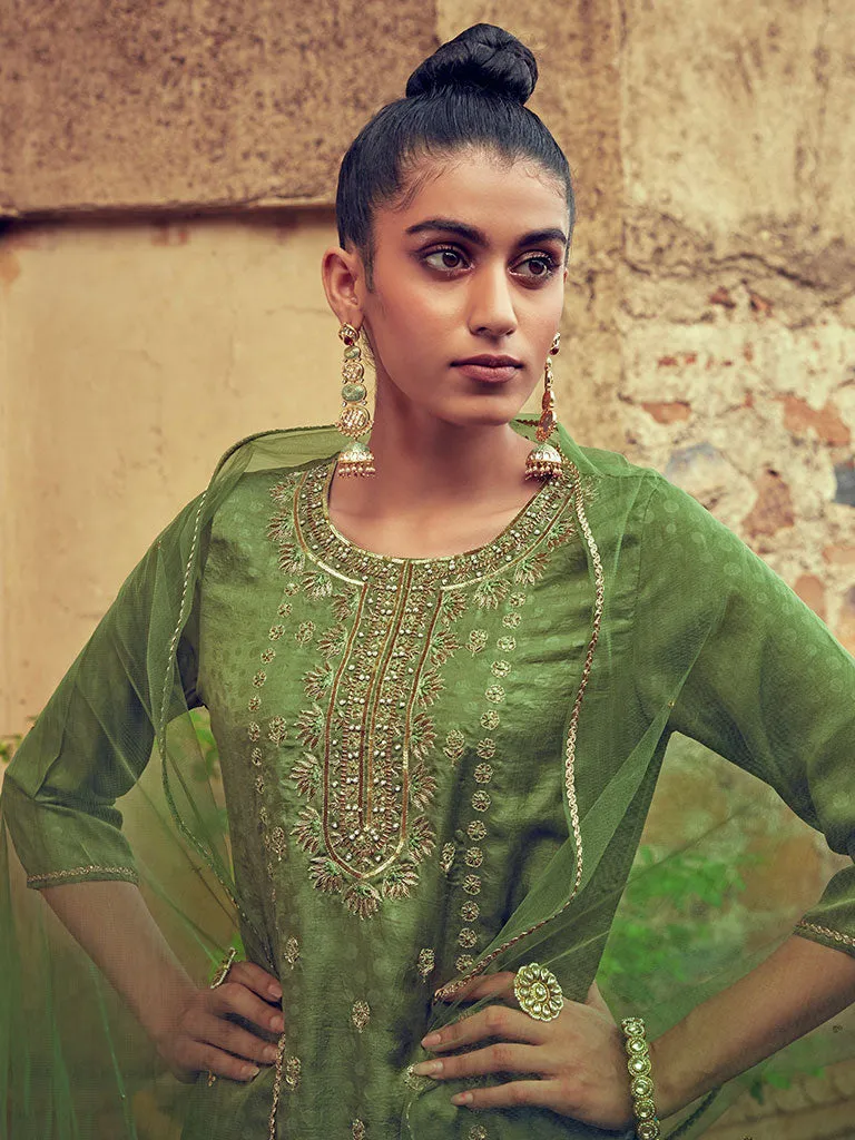 Green Embellished Silk Kurta With Silk Blend Pants And Net Embellished Dupatta