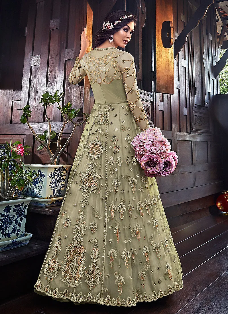 Green Floral Embroidered Anarkali Suit With Jacket