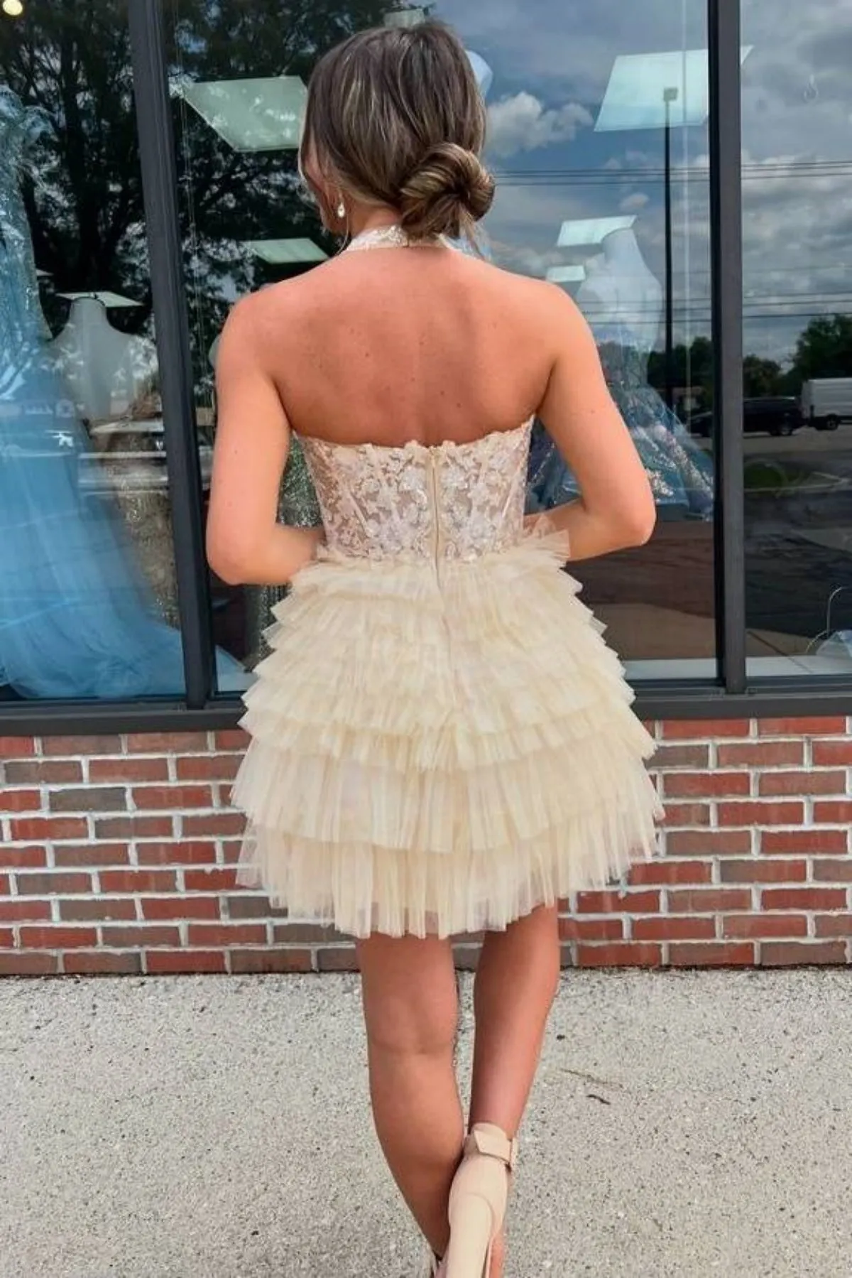 Halter V Neck Backless Yellow Lace Prom Dress, Short Yellow Lace Homecoming Dress, Backless Yellow Formal Evening Dress A2222