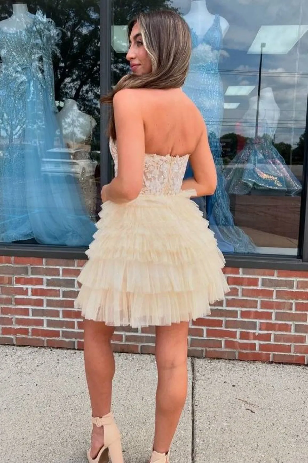 Halter V Neck Backless Yellow Lace Prom Dress, Short Yellow Lace Homecoming Dress, Backless Yellow Formal Evening Dress A2222