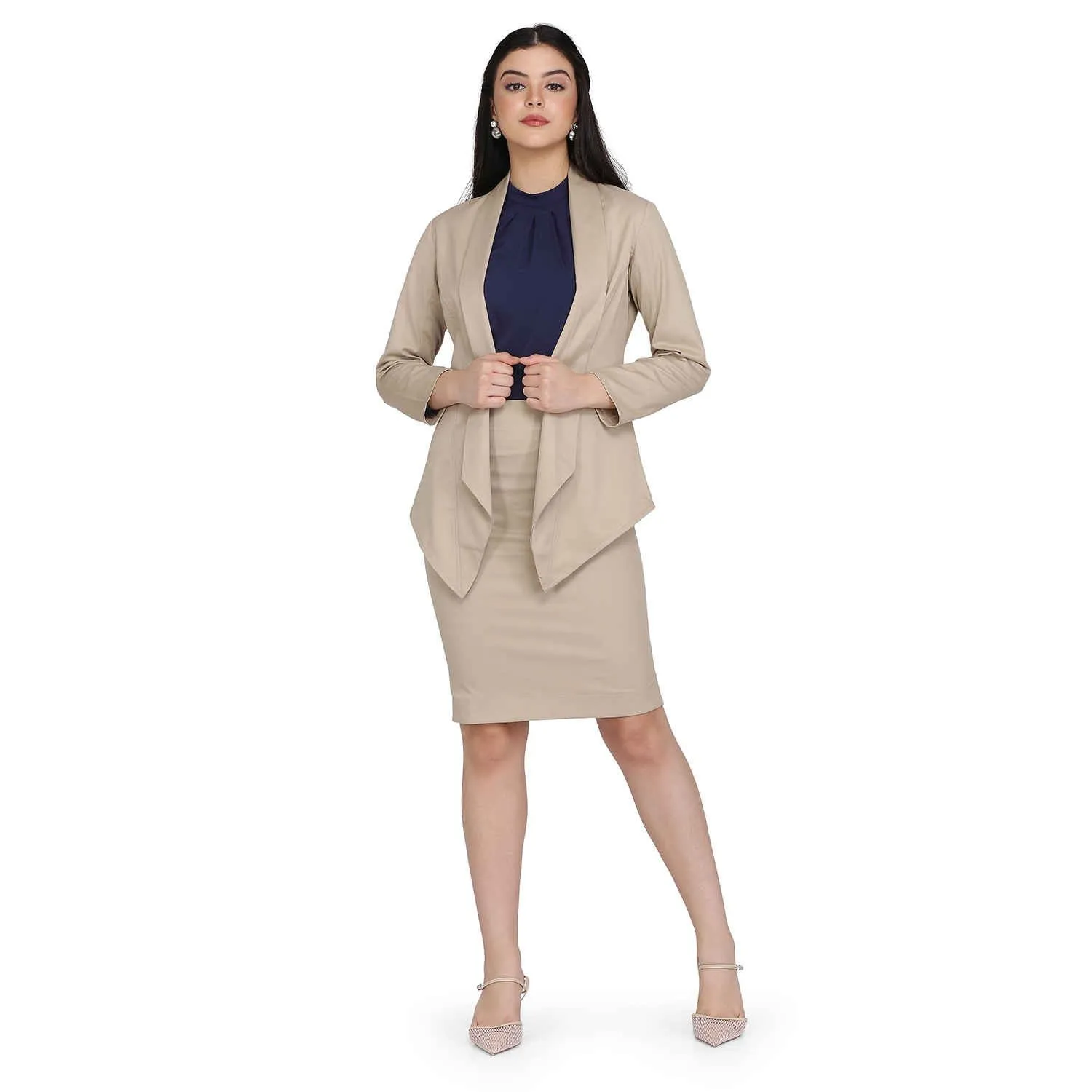 Hazel Wood Beige Open Front Shawl Lapel Blazer 