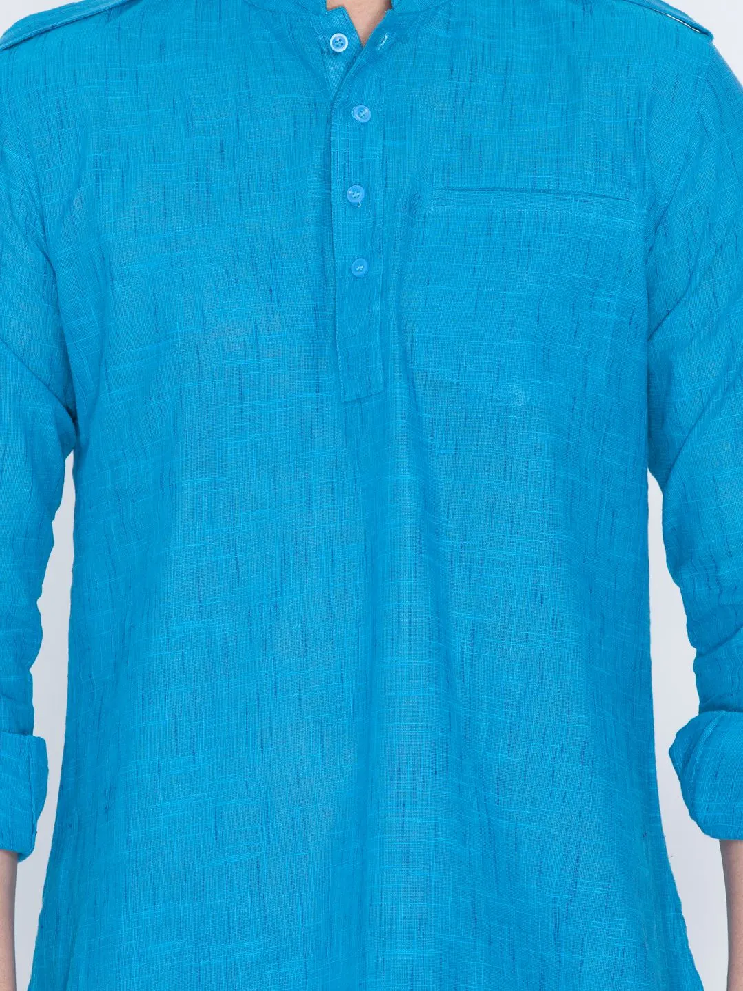 Jashvi Men's Blue Linen Short Kurta