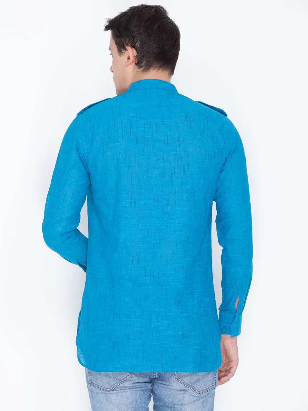 Jashvi Men's Blue Linen Short Kurta