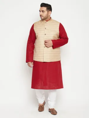 Jashvi Men's Plus Size Maroon and Beige Cotton Blend Jacket Kurta Pyjama Set