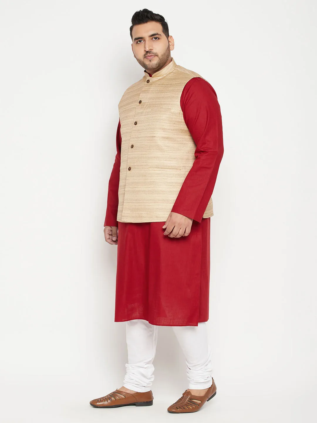 Jashvi Men's Plus Size Maroon and Beige Cotton Blend Jacket Kurta Pyjama Set