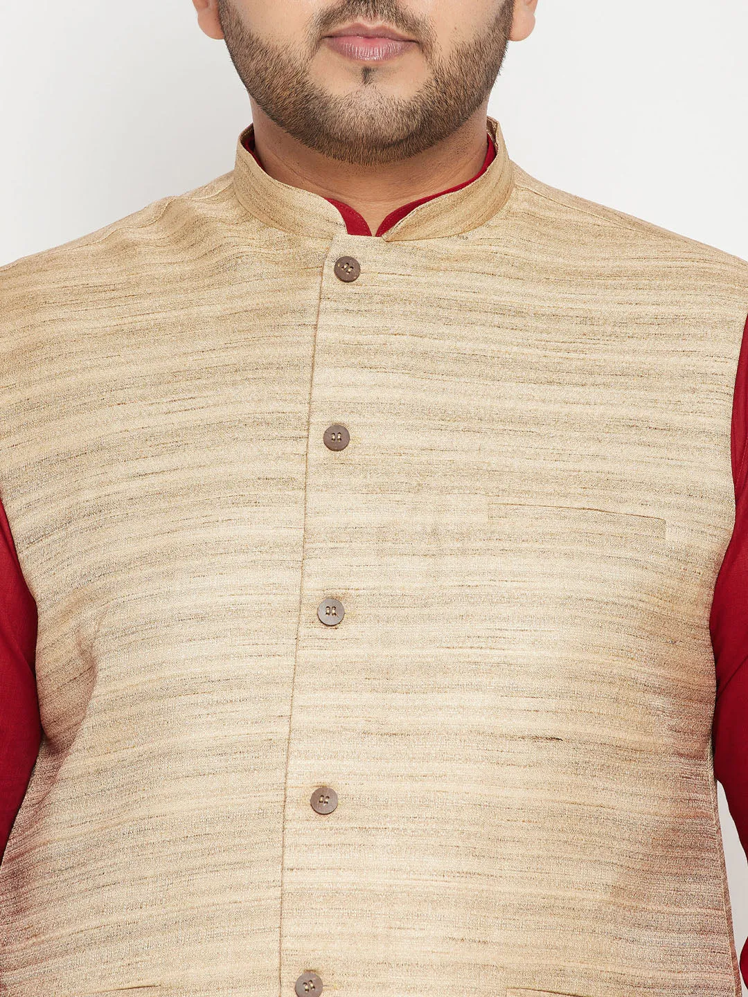 Jashvi Men's Plus Size Maroon and Beige Cotton Blend Jacket Kurta Pyjama Set