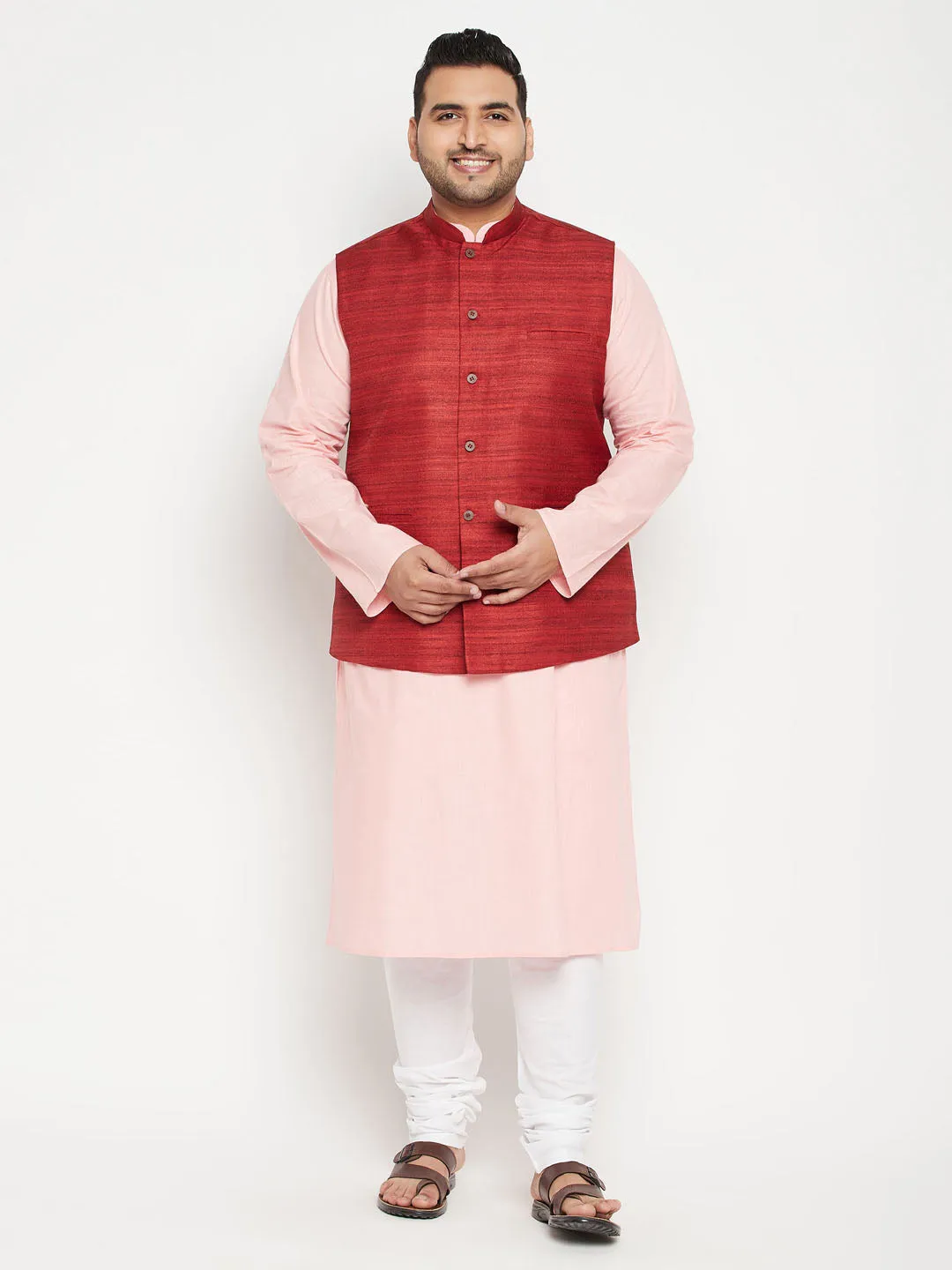 Jashvi Men's Plus Size Pink and Maroon Cotton Blend Jacket Kurta Pyjama Set