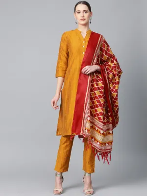 Jashvi Women Mustard & Red Self-Striped Kurta with Trousers & Dupatta