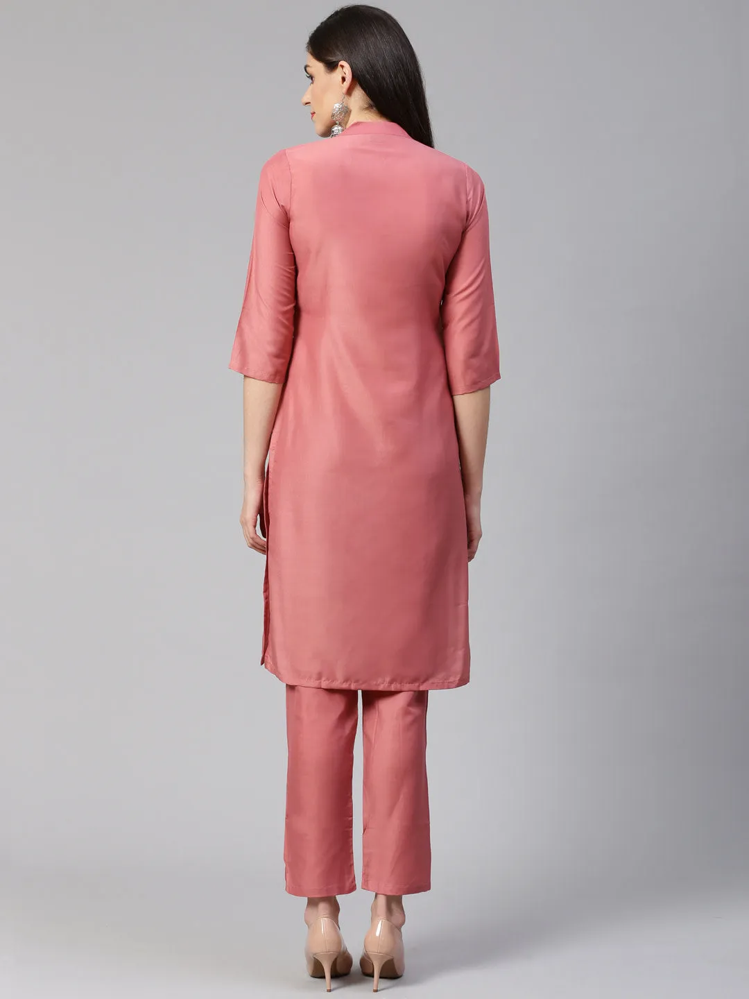 Jashvi Women Pink Embroidered Solid Kurta with Trousers