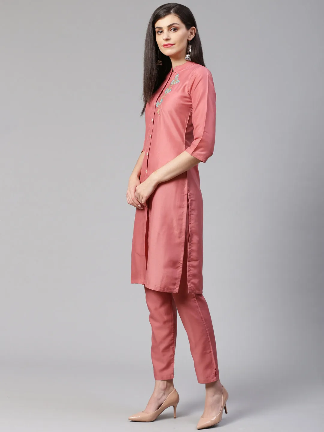 Jashvi Women Pink Embroidered Solid Kurta with Trousers